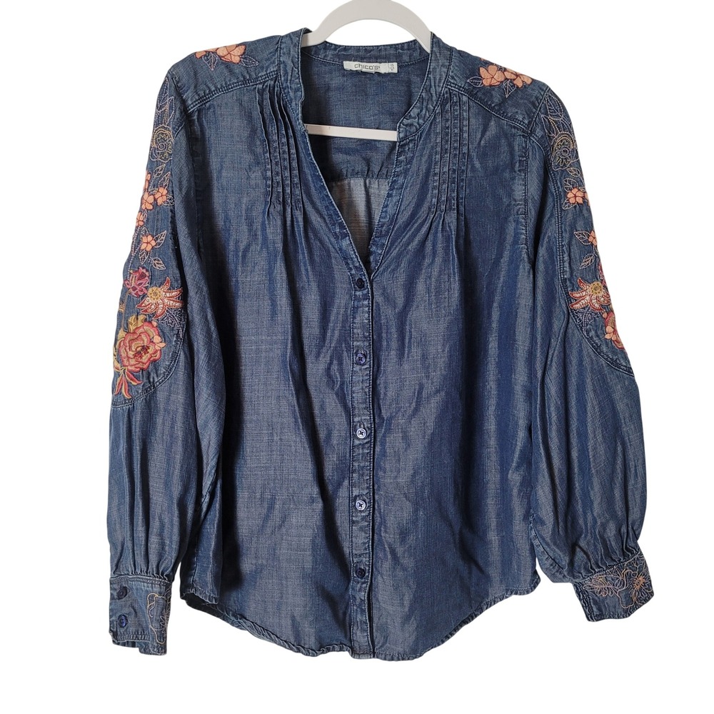Chicos Womens Blue Chambray Floral Embroidered Lyocell Blouse Top Size 1.5 US 10